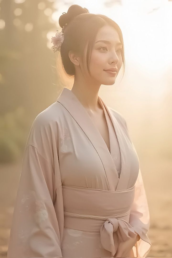 A beautiful AI-generated woman with her hair in a bun, wearing a light pink kimono-style robe, stands outdoors in soft, golden hour light.