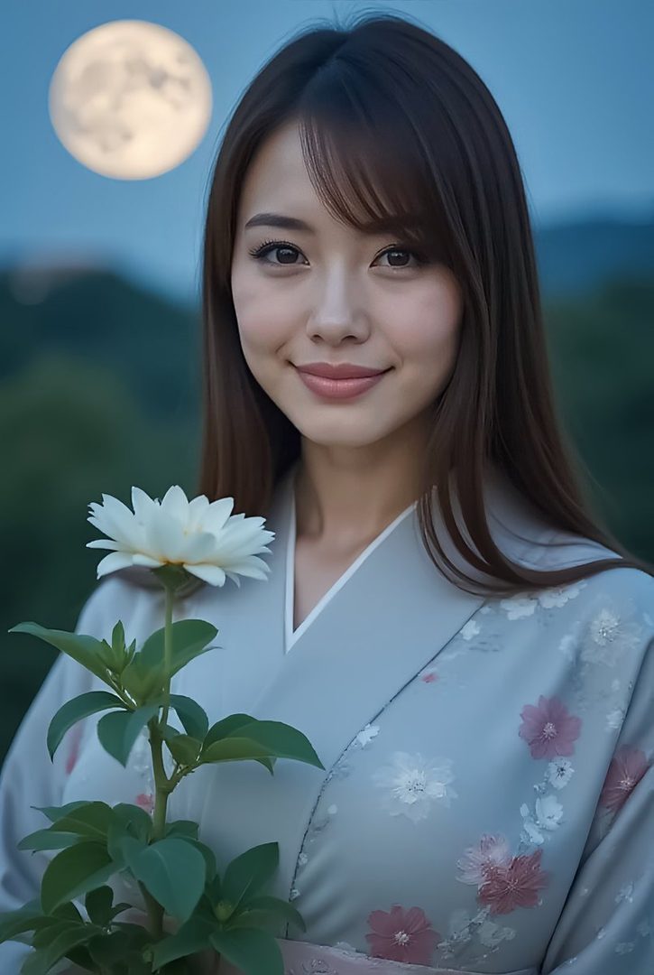 A beautiful East Asian woman in a traditional kimono smiles gently, holding a white flower under a full moon.
