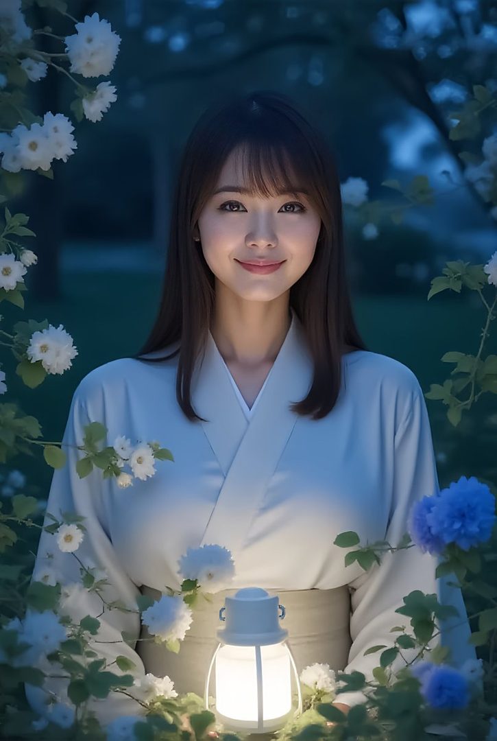 A beautiful AI-generated woman with long dark hair and bangs, wearing a white kimono-style robe, holding a glowing lantern in a garden at night.