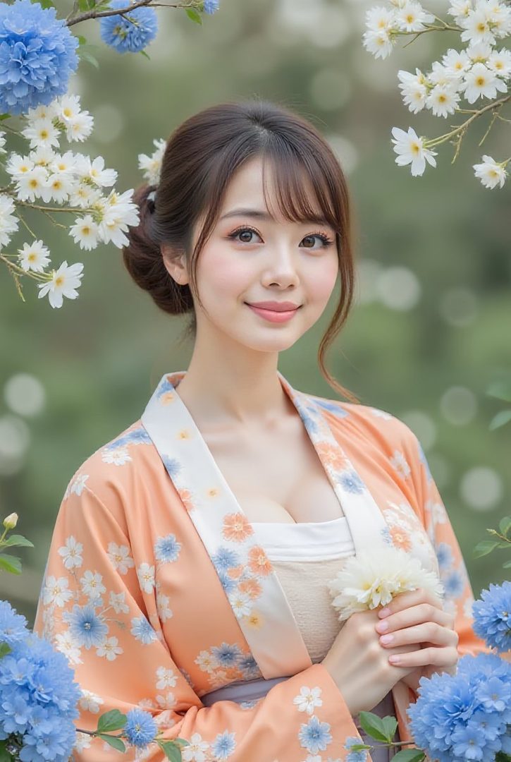 A beautiful East Asian woman with brown hair styled up, wearing a floral kimono-style robe, posing outdoors with flowers.