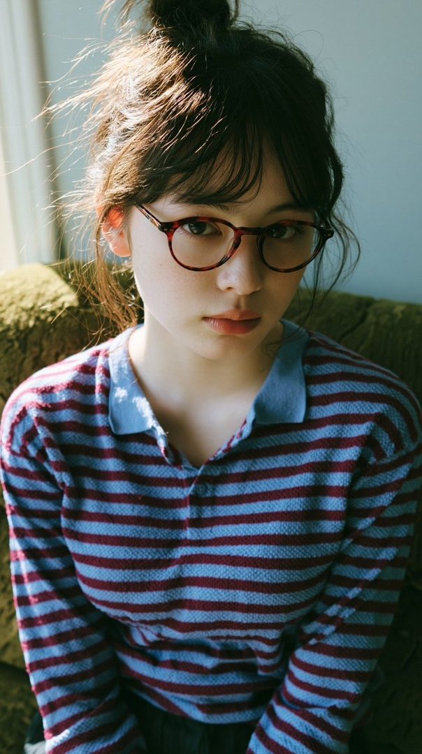 A young woman with her hair in a messy bun and wearing glasses sits indoors, looking towards the camera.