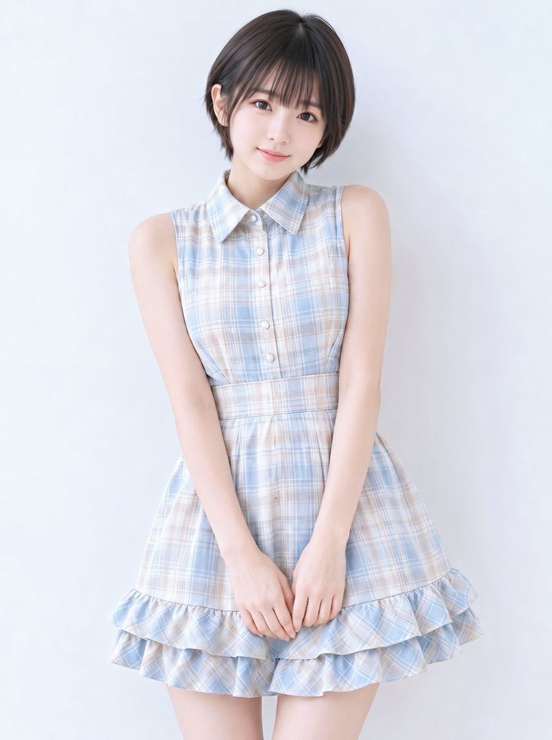 A young woman with short black hair and bangs, wearing a sleeveless blue and beige plaid shirt dress with ruffles, poses against a white background.