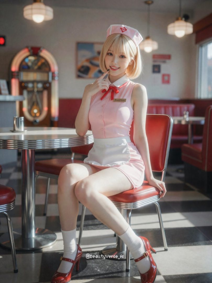 A young woman in a pink maid outfit with a white apron and a red bow tie sits in a retro diner, posing playfully.