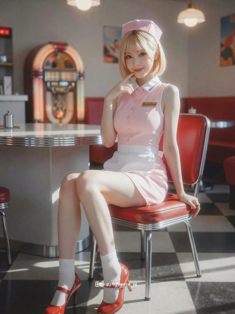 A young woman with blonde hair and bangs, wearing a pink diner waitress uniform and red heels, poses sitting on a red chair in a retro diner.