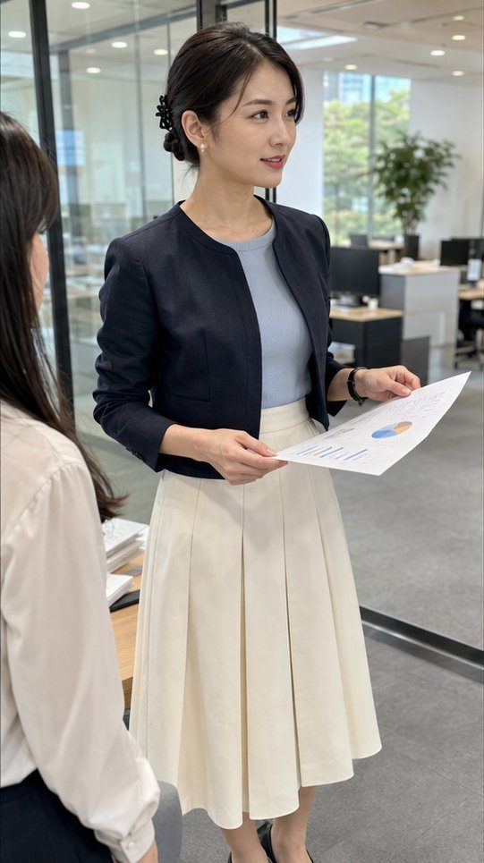A professional Japanese woman in a dark cropped jacket and ivory pleated skirt presents a document in an office setting.