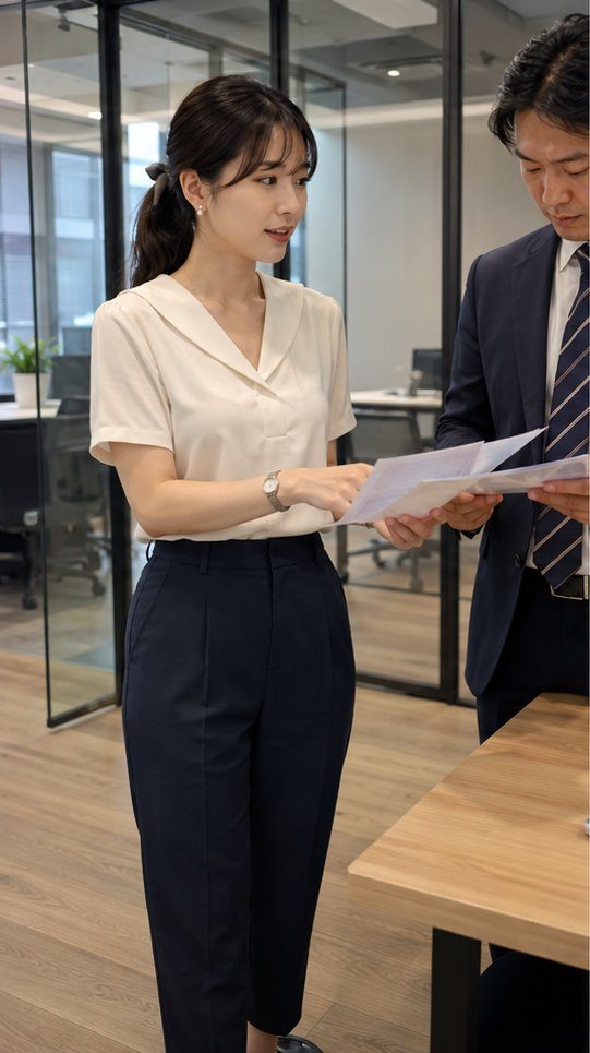 A professional woman in a cream blouse and navy pants discusses documents with a man in a suit in an office setting.