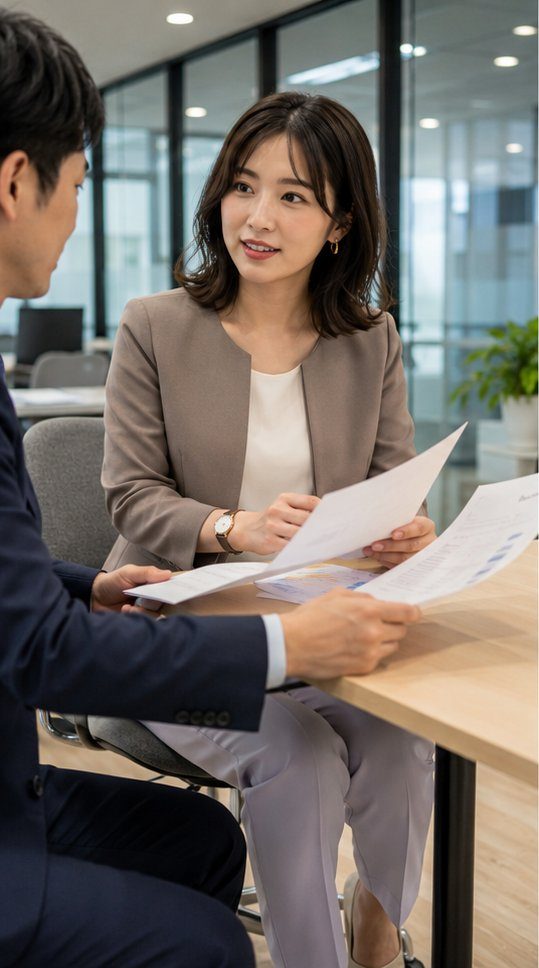 A professional woman in a mocha-colored collarless jacket and pale lavender straight pants discusses documents with a colleague in an office setting.