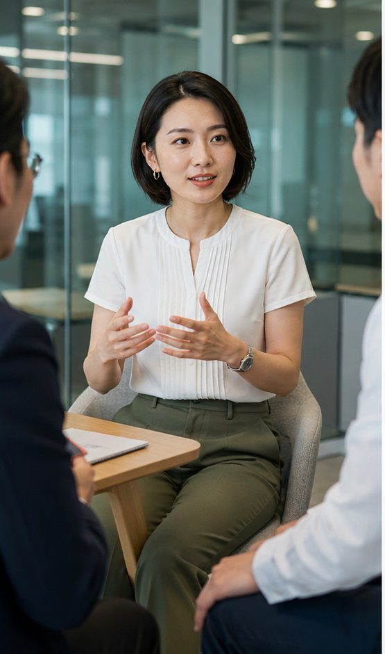 A professional Japanese woman in a white pleated blouse and green pants gestures while speaking to colleagues in a modern office setting.