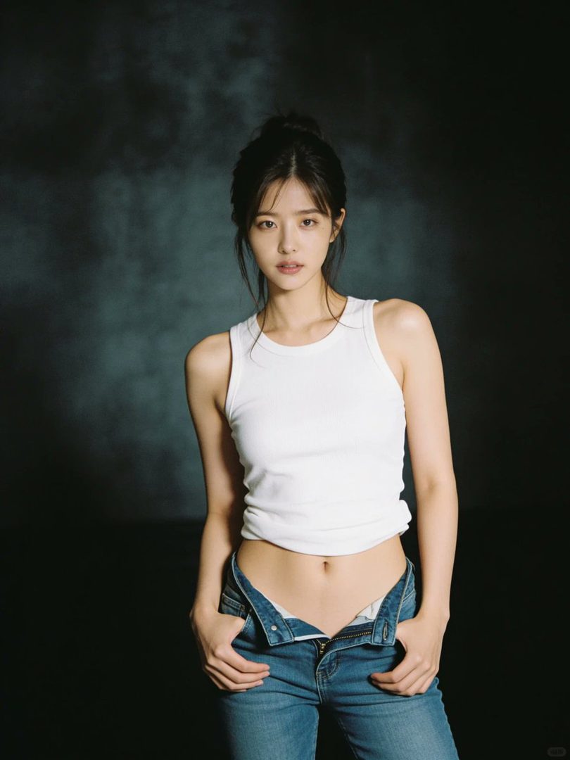 A young woman with her hair in a bun, wearing a white tank top and unbuttoned jeans, poses against a dark, smoky background.
