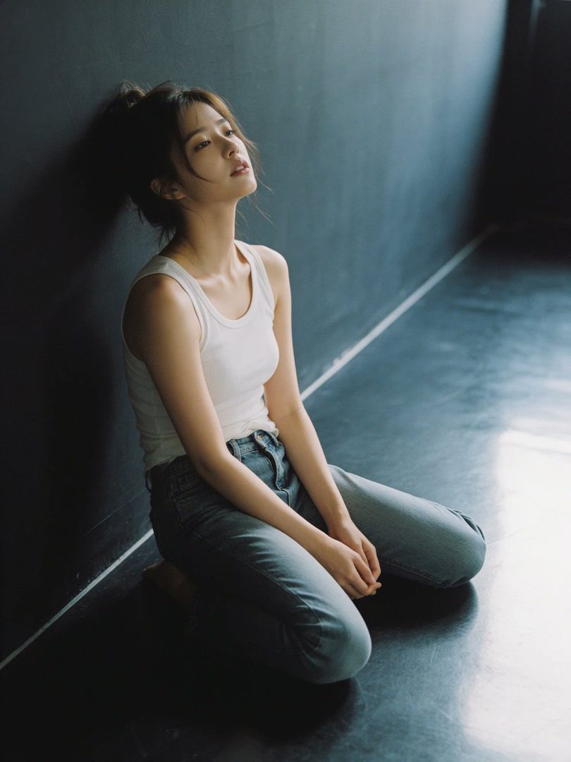 A young woman with her hair in a messy bun, wearing a white tank top and jeans, sits on the floor leaning against a dark wall, looking upwards with a thoughtful expression.