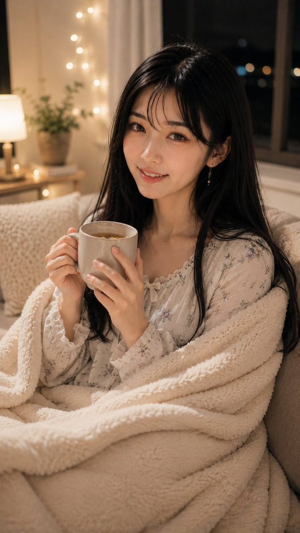 A young East Asian woman with long black hair, wearing a floral print top and wrapped in a fluffy blanket, holds a mug of tea and smiles gently. She is indoors, with soft fairy lights in the background.
