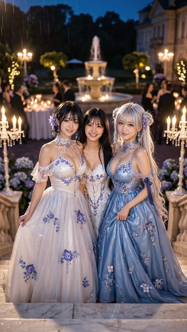 Three young women in elegant, sparkling dresses pose for a photo at a nighttime outdoor event with a fountain and mansion in the background.