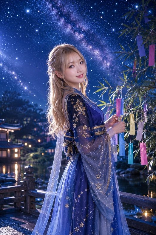 A young woman with blonde hair, wearing a beautiful blue and gold starry dress, stands outdoors at night under a starry sky, near a bamboo tree with colorful tanzaku strips.