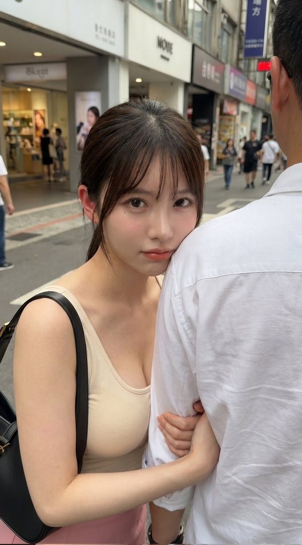 A young East Asian woman with long dark hair and bangs leans her head on a man's shoulder, looking at the camera with a shy expression. She wears a beige tank top and a pink skirt, with a black handbag. They are on a city street with shops in the background.