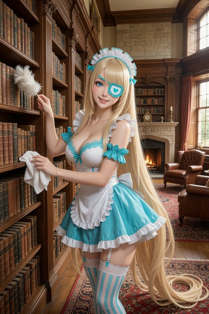 A blonde woman in a maid outfit with blue accents, holding a duster and cloth, stands in a library, dusting bookshelves.