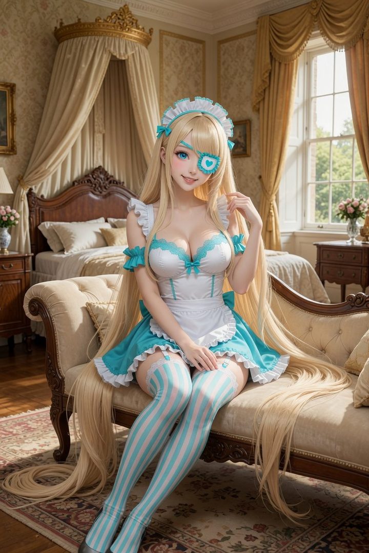 A blonde anime-style woman in a maid outfit with thigh-high striped socks sits on a couch in a luxurious room.