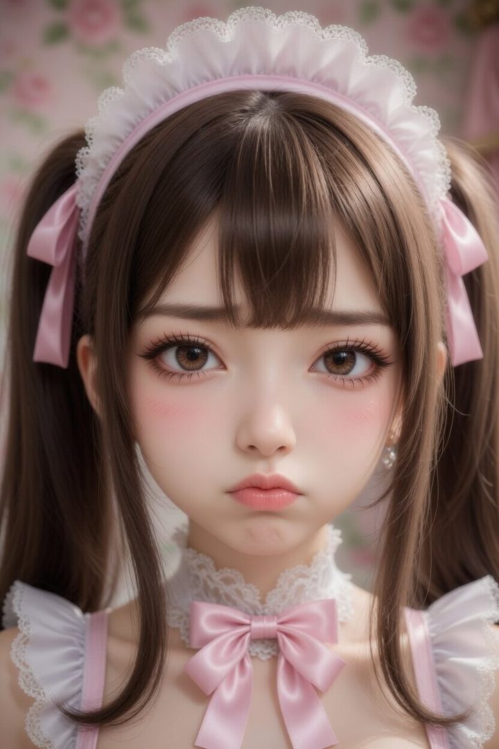 A photorealistic AI portrait of a young woman with brown hair in pigtails, wearing a pink and white maid outfit, with large expressive eyes and rosy cheeks.