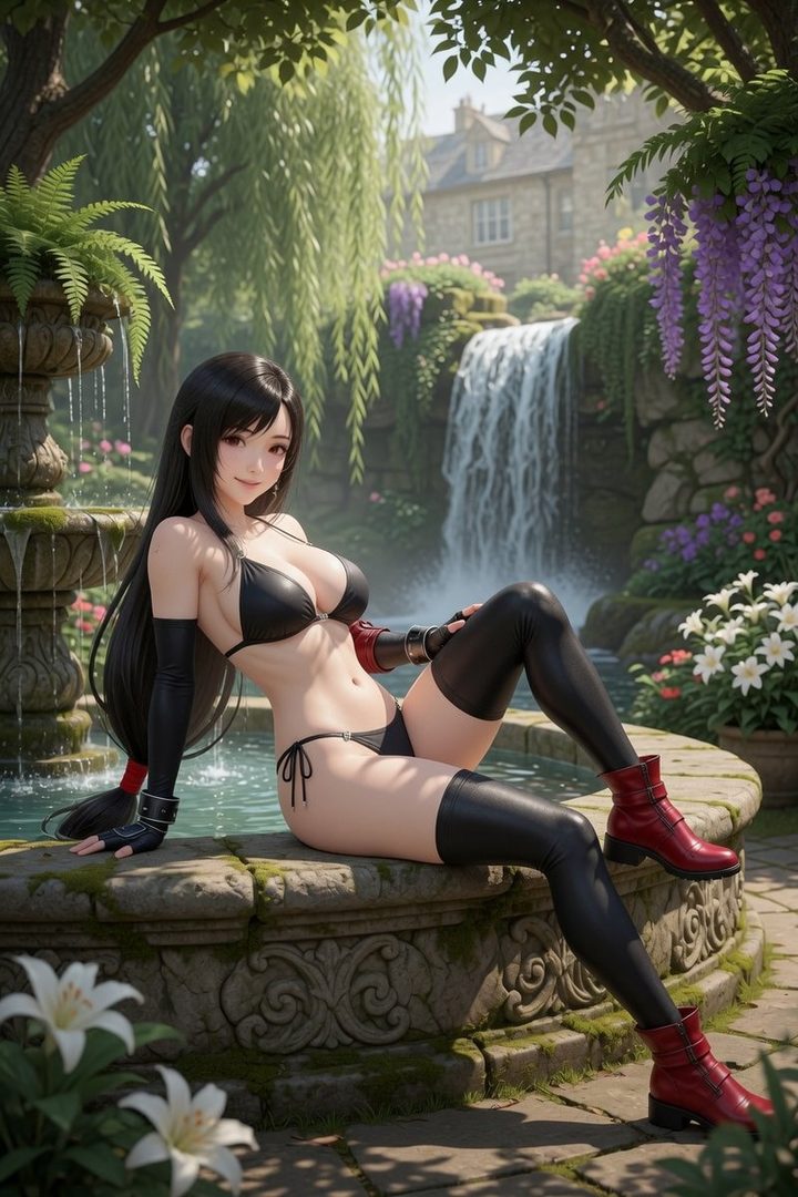 A young woman with long black hair, wearing a black bikini and red boots, poses seductively in a lush garden with a waterfall.