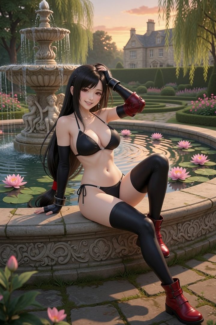 A beautiful AI-generated woman with long black hair, wearing a black bikini and thigh-high stockings, poses by a fountain in a lush garden.