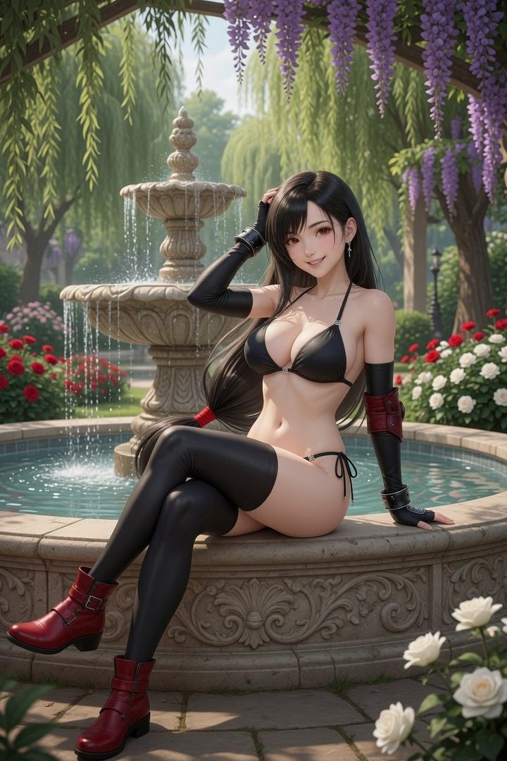 A young woman with long black hair, wearing a black bikini and thigh-high stockings, poses by a fountain in a garden.