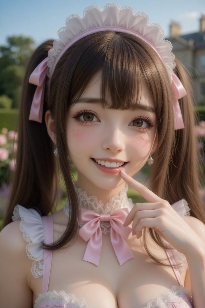 A young woman in a pink maid outfit with pigtails smiles sweetly in a garden setting.