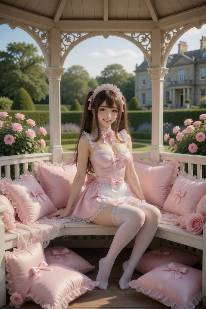 A young woman in a pink maid outfit with pigtails sits on a bench in a garden, surrounded by pink pillows and roses.