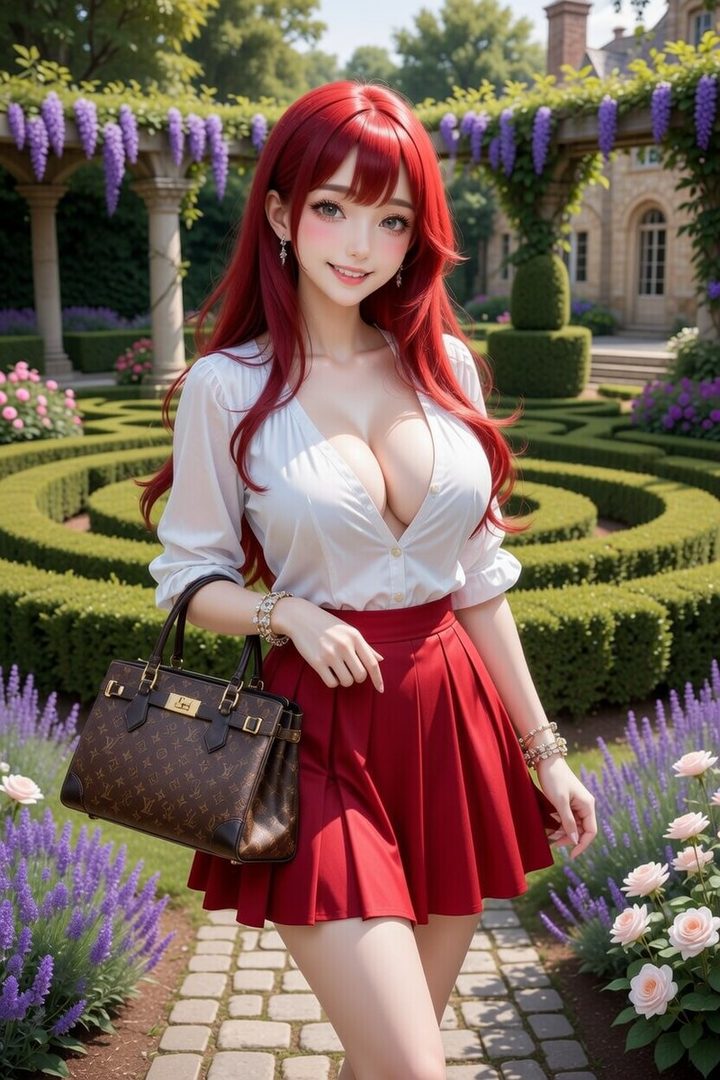 A young woman with long red hair and a white blouse and red skirt stands in a garden, holding a designer handbag.