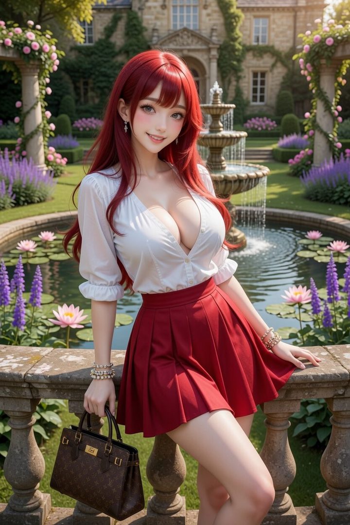 A young woman with long red hair and a white blouse and red skirt poses in a garden with a fountain.