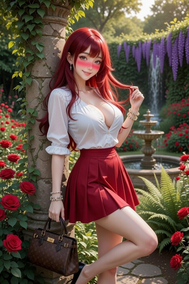 A young woman with long red hair and a white blouse and red skirt poses in a garden with roses and a fountain.