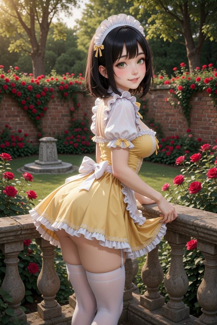 A young woman in a yellow and white maid outfit poses in a garden with red roses.