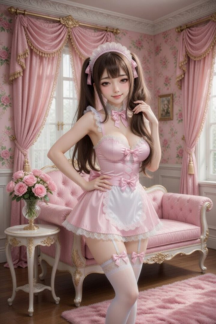 A young woman in a pink maid outfit with pigtails poses in a room with pink floral wallpaper and curtains.