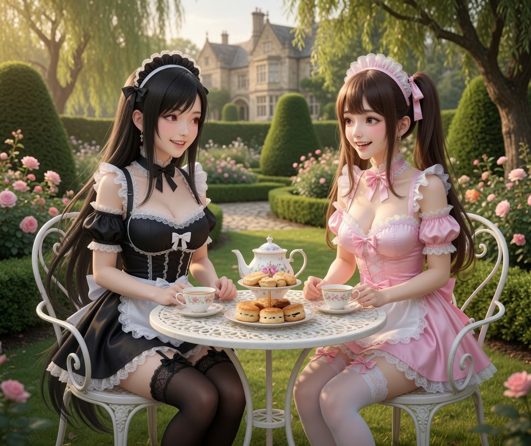 Two anime-style women in maid outfits are sitting at a table in a garden, enjoying tea and scones.