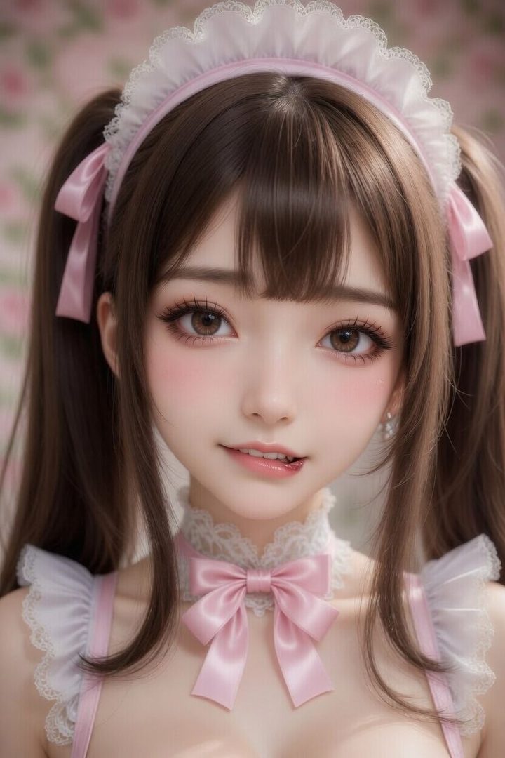 AI generated portrait of a cute young woman with brown pigtails, wearing a pink maid outfit with lace trim and a large pink bow, biting her lip playfully.