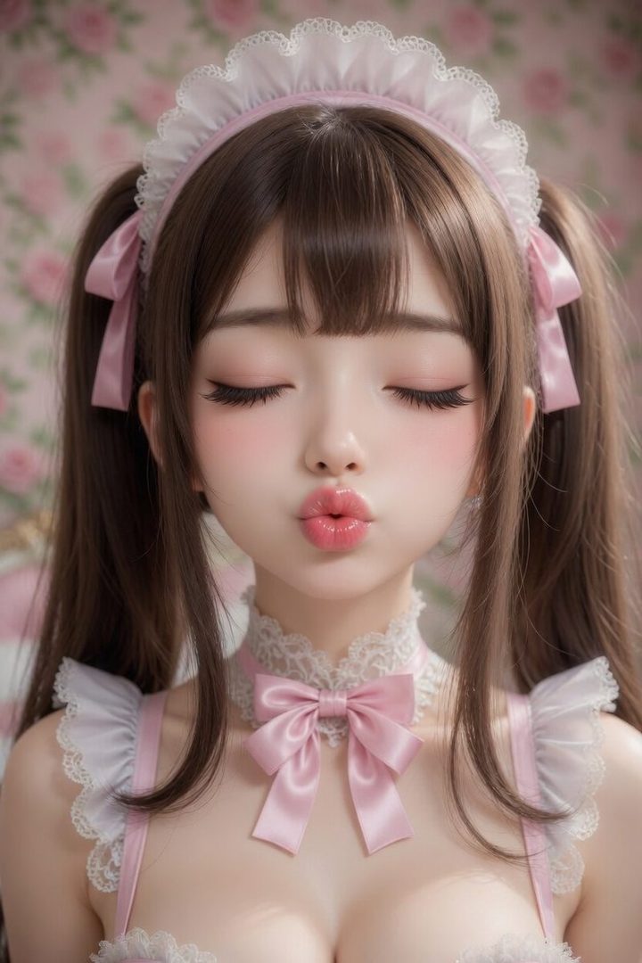 A photorealistic AI portrait of a young woman in a pink and white maid outfit, with pigtails and bangs, puckering her lips.