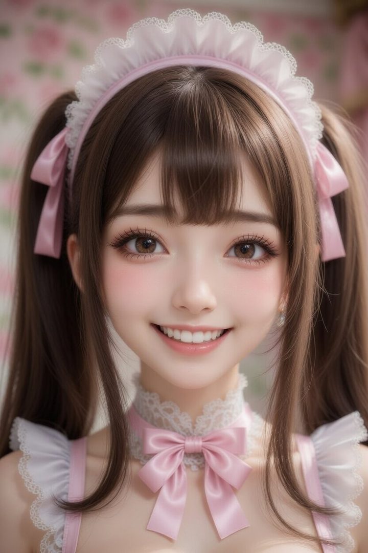 A photorealistic portrait of an AI girl dressed as a maid, with brown hair in pigtails and a pink bow, smiling sweetly.