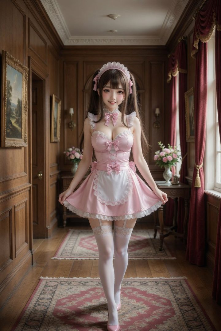 A young woman in a pink maid outfit with thigh-high stockings and heels walks down a hallway.