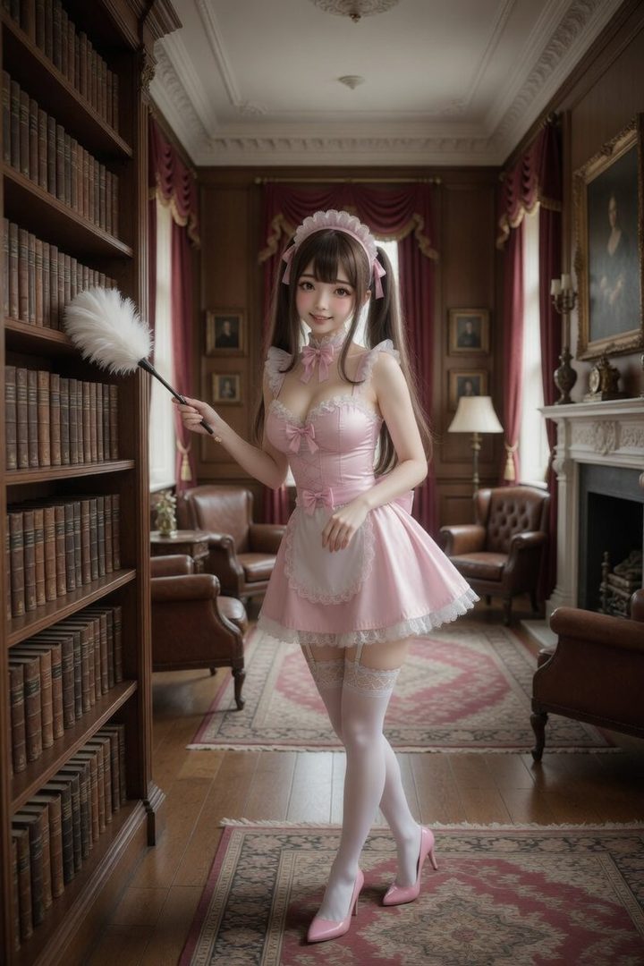 A young woman in a pink maid outfit with pigtails, holding a feather duster, stands in a library with bookshelves.