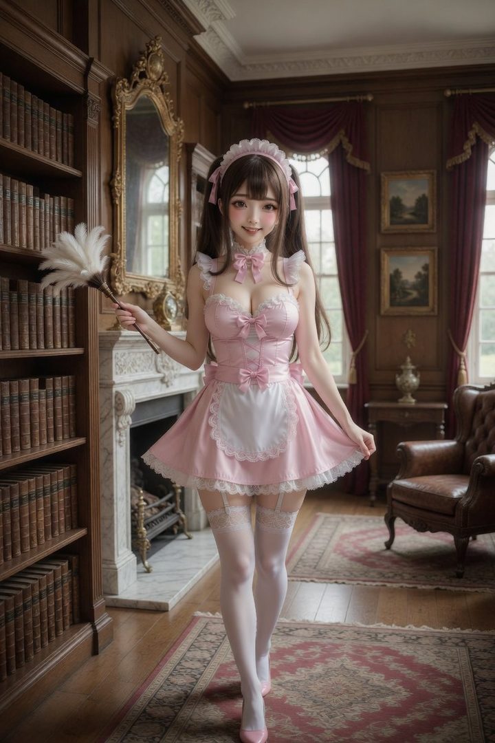 A young woman in a pink maid outfit with thigh-high stockings and a feather duster stands in a library, posing playfully.