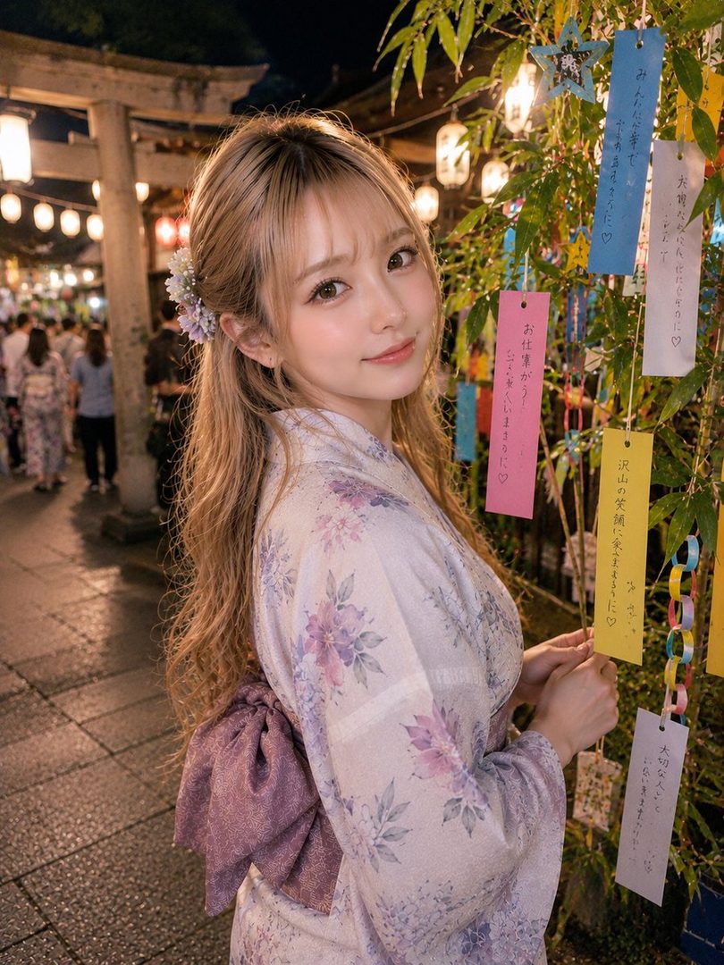 A young woman with blonde hair wearing a floral yukata smiles gently at a Japanese festival at night, with lanterns and tanzaku wishes on a bamboo tree.
