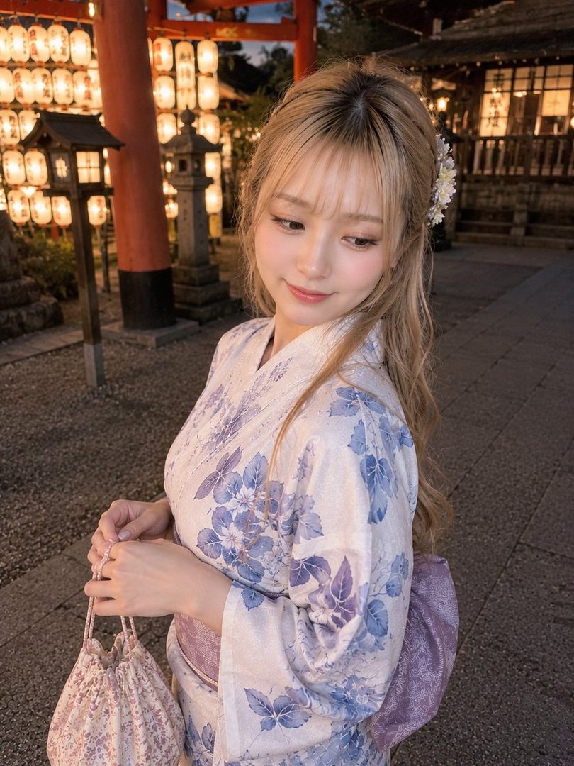 A young woman in a floral yukata stands outdoors at night, with traditional Japanese lanterns illuminating the background.