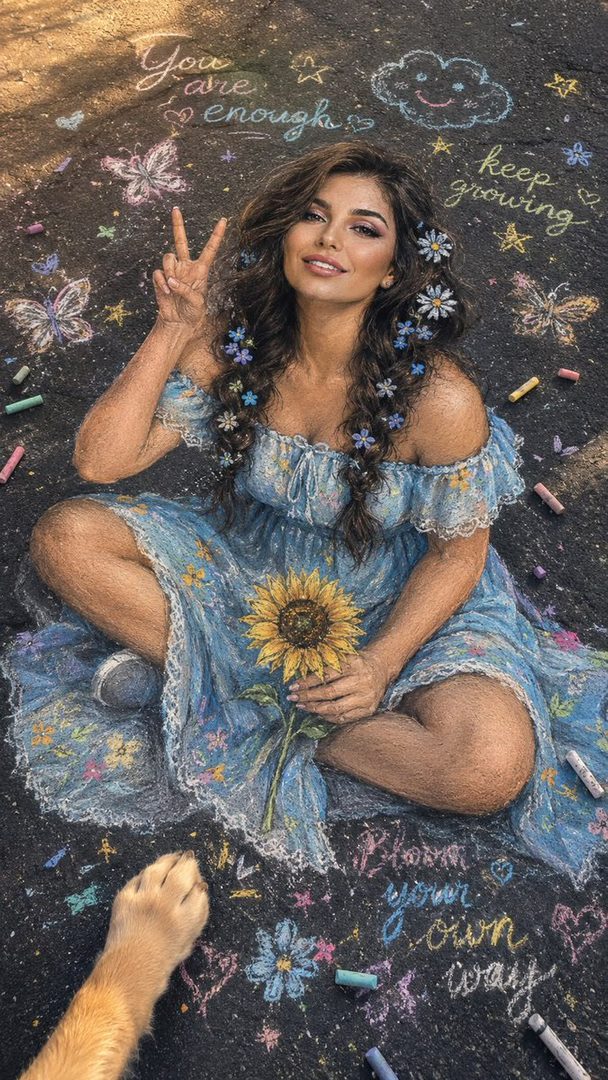 A hyper-realistic chalk art portrait of a young woman with long brown braided hair, wearing a blue floral dress and holding a sunflower, sitting on asphalt with chalk drawings around her.