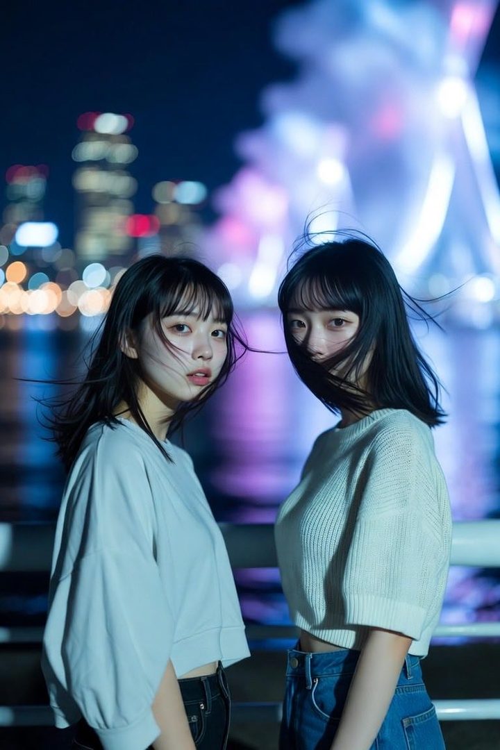 Two young East Asian women with black hair stand in front of a blurred city skyline at night, with a Ferris wheel illuminated in the background.