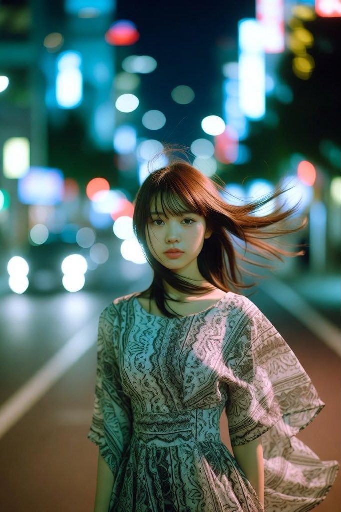 A young woman with long brown hair stands on a city street at night, with blurred city lights in the background.