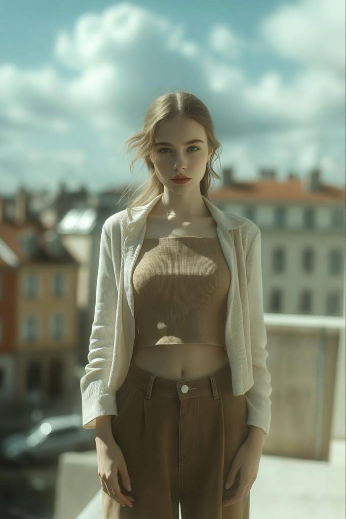 A young woman with blonde hair stands outdoors, wearing a beige crop top and a white cardigan, with a city skyline in the background.