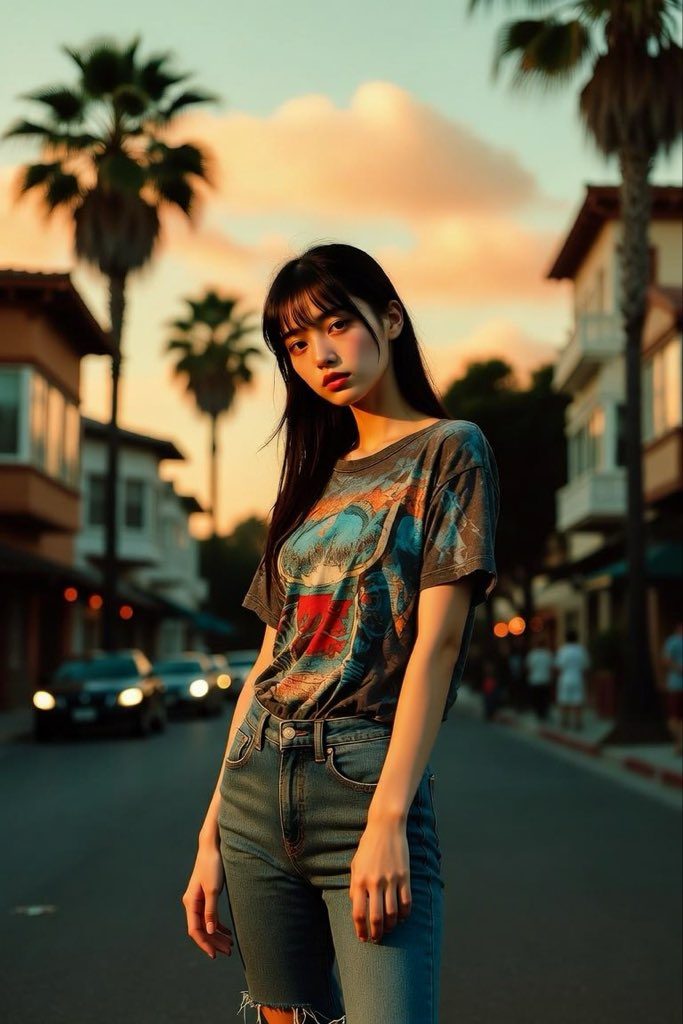 A young East Asian woman with long black hair and bangs stands on a street at sunset, wearing a graphic t-shirt and jeans.