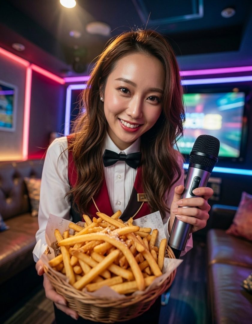 A smiling young woman in a white shirt and red vest holds a basket of french fries and a microphone in a karaoke room.