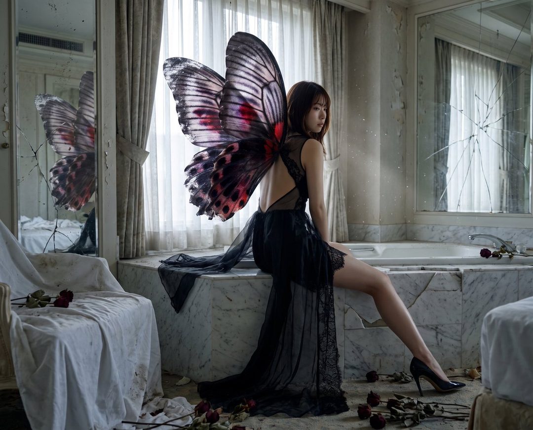 A woman with large butterfly wings sits in a dilapidated room, wearing a black lace dress.