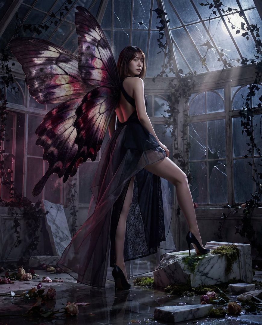 A woman with large butterfly wings poses in a dilapidated greenhouse, wearing a black dress and high heels.