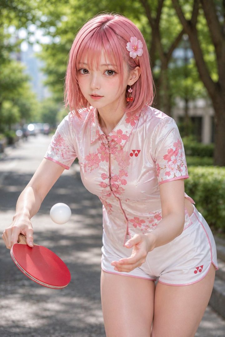 A young woman with short pink hair and a pink floral shirt plays table tennis outdoors.
