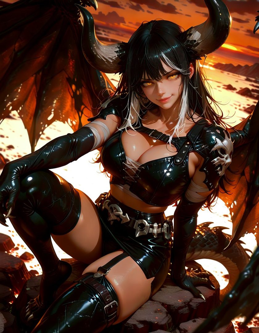 A seductive AI-generated portrait of a demon girl with black hair, horns, and wings, wearing a revealing black outfit, sitting on rocks with a fiery sunset in the background.